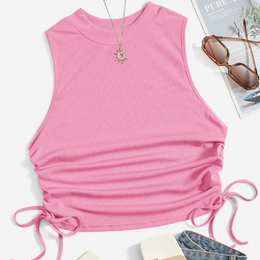Rib Knit Drawstring Ruched Tank Top
